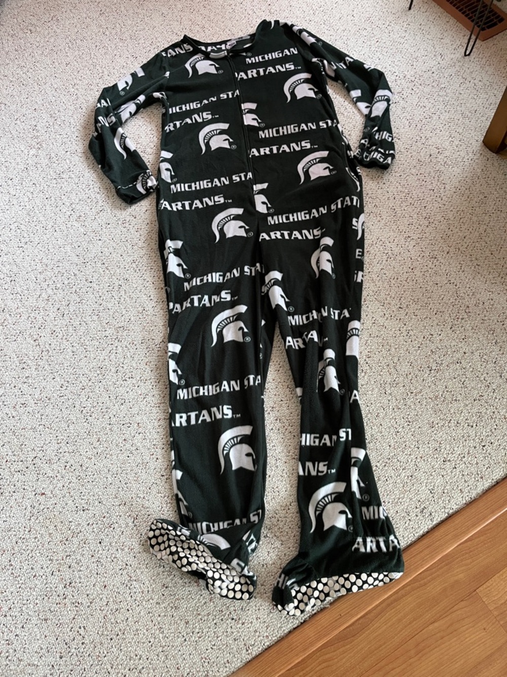 Green and White Michigan State Spartans Zip-Front Onesie Footed Pajama Size M